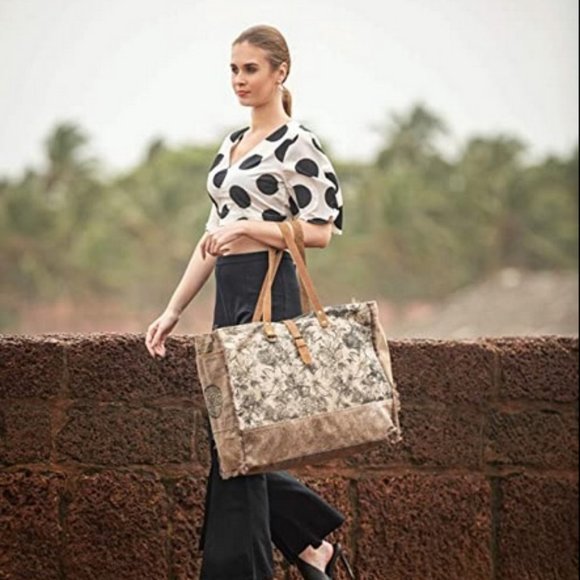 Myra™ Upcycled Canvas and Cowhide Weekender Bag - Picture 13 of 13